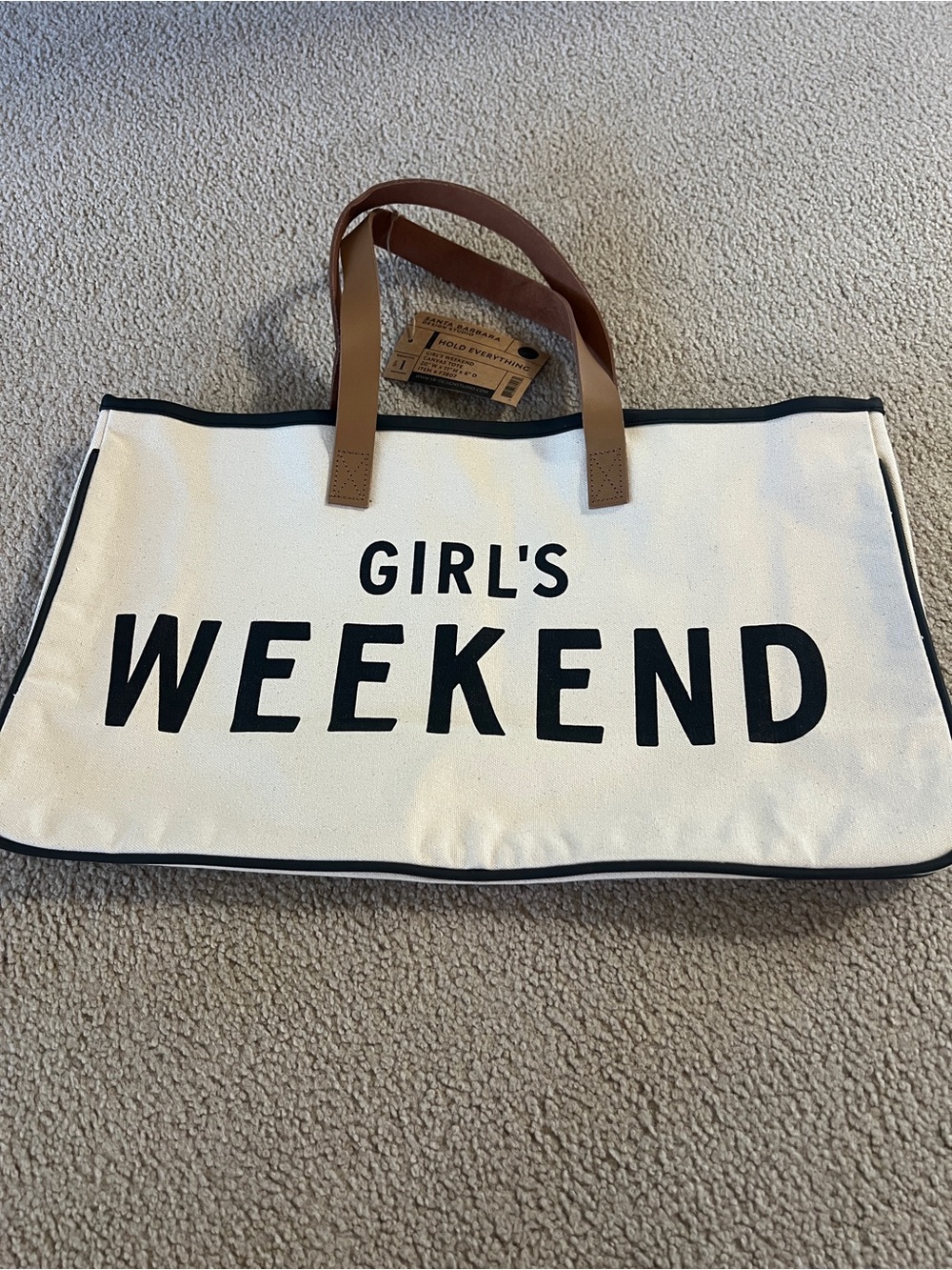 Weekend Canvas Tote Bag in Cream with Black Lettering and Tan Handles